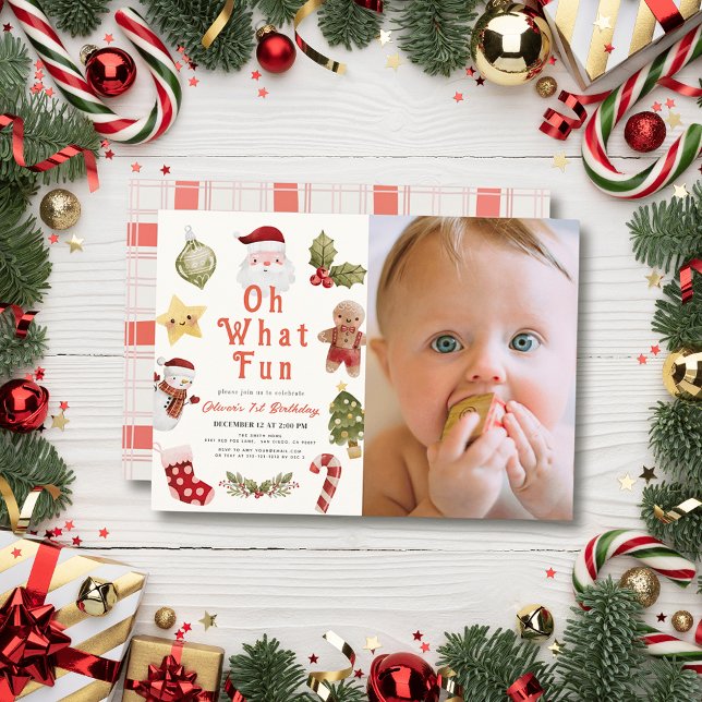 Oh What Fun Christmas Santa Photo 1st Birthday Invitation (Creator Uploaded)