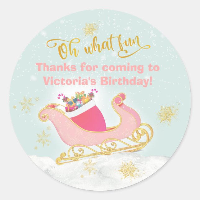 Oh what fun Christmas Santa Sleigh Birthday Party Classic Round Sticker (Front)