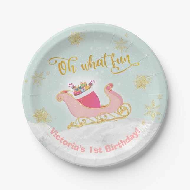 Oh what fun Christmas Santa Sleigh Birthday Party Paper Plate (Front)