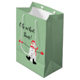 Oh what Fun Christmas Snowman Sage Green Medium Gift Bag