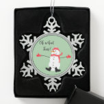 Oh what Fun Christmas Snowman Sage Green Snowflake Pewter Christmas Ornament<br><div class="desc">A cute minimal Christmas design that features a naive digital painting of a snowman wearing matching red hat,  scarf and mittens on a sage green background with the text: Oh What Fun! You can customise the text to fit your needs.</div>
