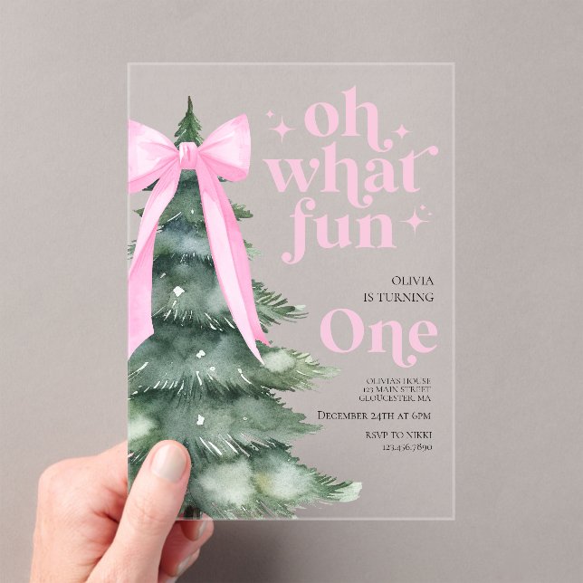 Oh What Fun Christmas Tree 1st Birthday Acrylic Invitations (Insitu (Handheld))