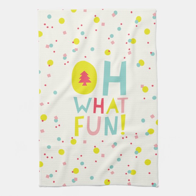 Oh What Fun Christmas Tree Colourful Confetti Dots Tea Towel (Vertical)