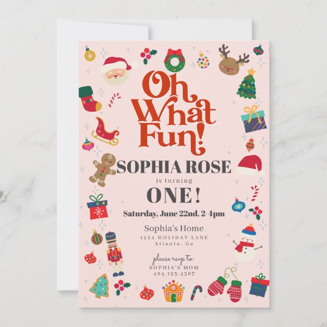 Oh What Fun Christmas Winter First Birthday Party Invitation (Front)