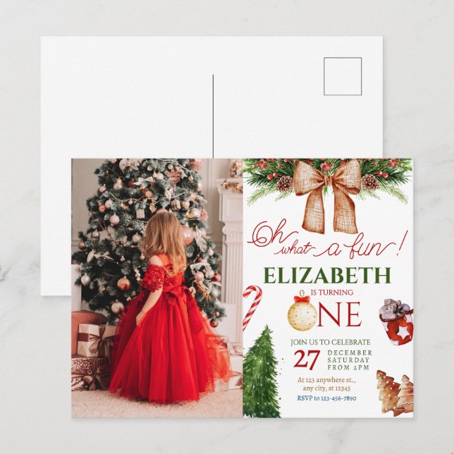 Oh What Fun Christmas Winter first Birthday Postcard (Front/Back)