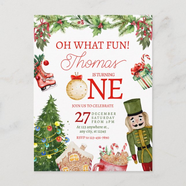 Oh What Fun Christmas Winter First Birthday Postcard (Front)