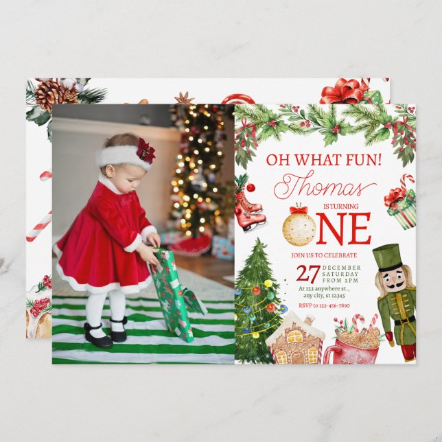 Oh What Fun Christmas Winter First photo Invitation (Front/Back)