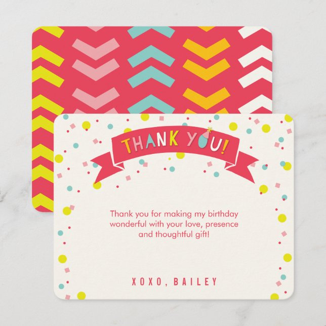 Oh What Fun Colourful Confetti Chic Girl's Birthda Thank You Card (Front/Back)