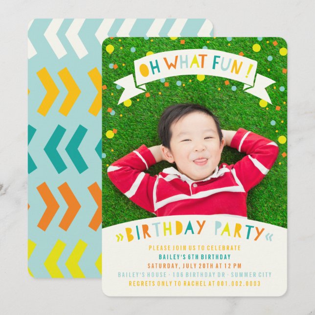 Oh What Fun Confetti Dot Boy Birthday Party Invite (Front/Back)