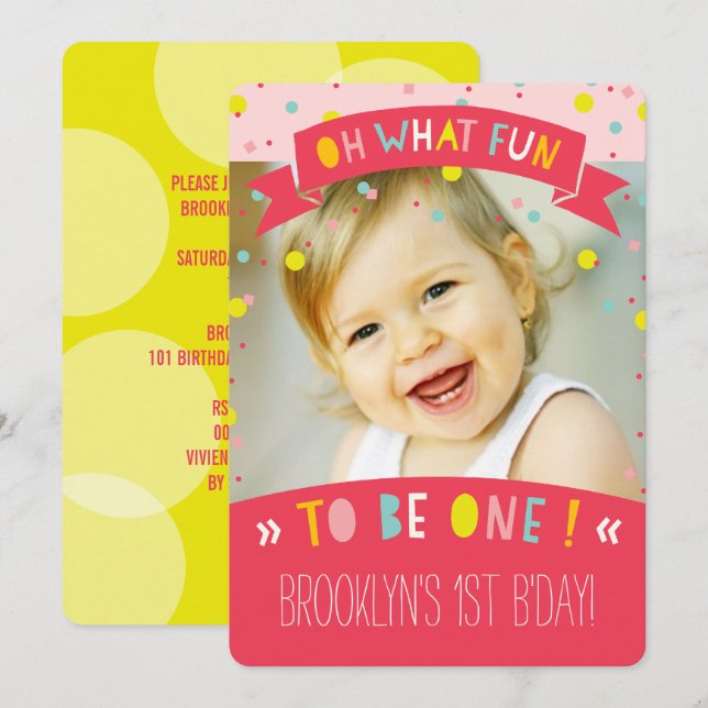 Oh What Fun Confetti First Birthday Party Invite (Front/Back)