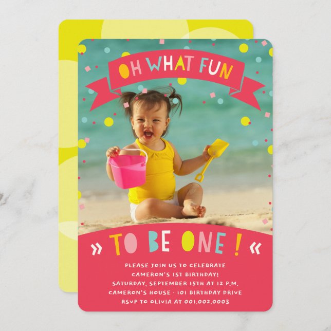 Oh What Fun Confetti First Birthday Party Invite (Front/Back)