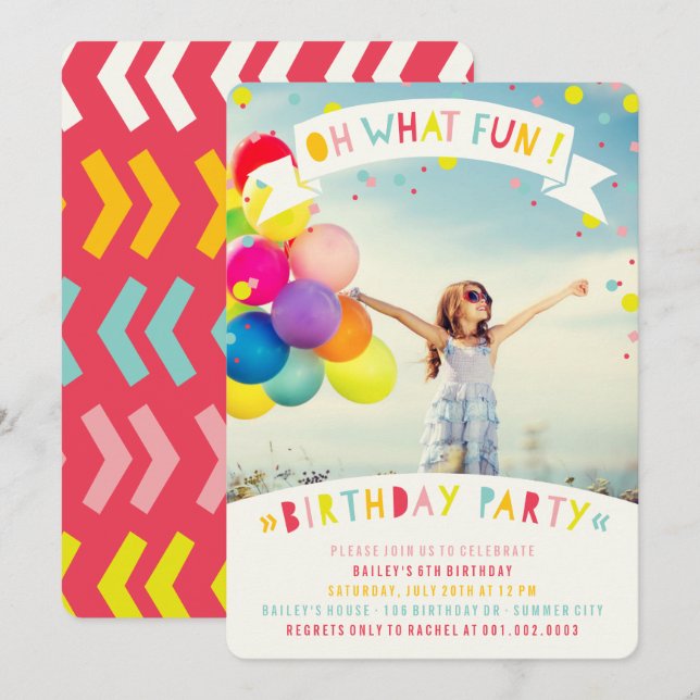 Oh What Fun Confetti Girl Birthday Party Invite (Front/Back)