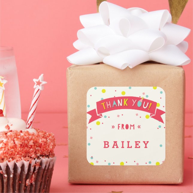 Oh What Fun Confetti Girl's Birthday Thank You Square Sticker (Party)