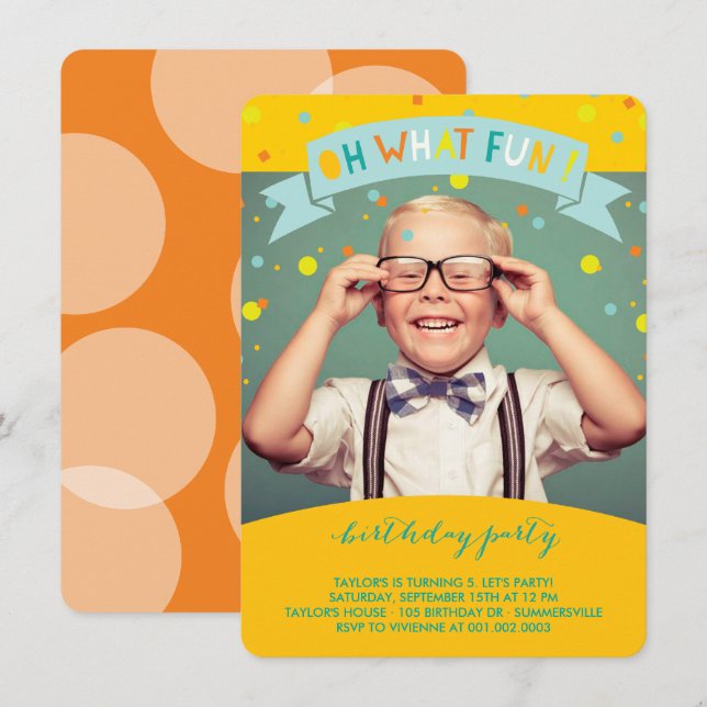 Oh What Fun Confetti Kids Birthday Party Invite (Front/Back)