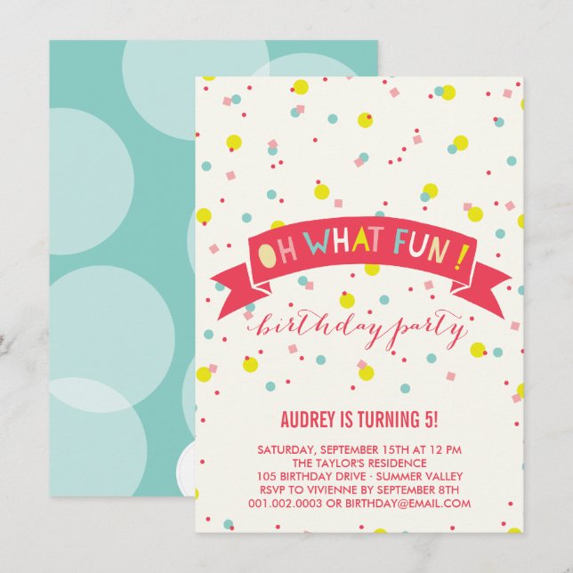 Oh What Fun Confetti Kids Birthday Party Invite (Front/Back)