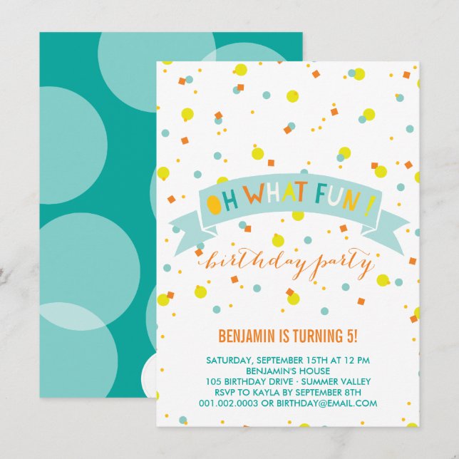 Oh What Fun Confetti Kids Birthday Party Invite (Front/Back)