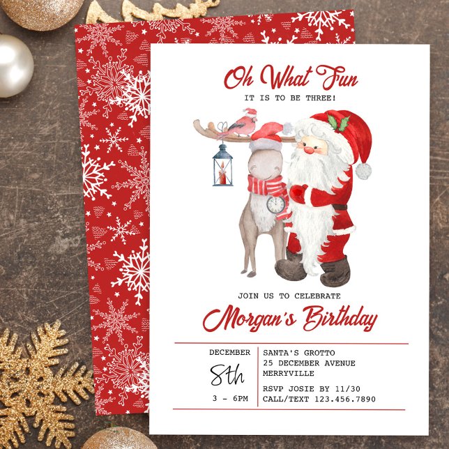 Oh What Fun Cute Kids Christmas Birthday Party Invitation (Oh What Fun! Santa Invitation for Kids Christmas Party - editable for any age.)
