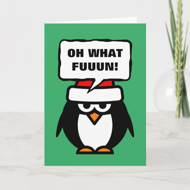Oh what fun cute Santa penguin cartoon Christmas Holiday Card (Front)