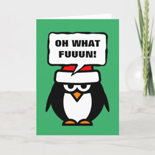 Oh what fun cute Santa penguin cartoon Christmas Holiday Card
