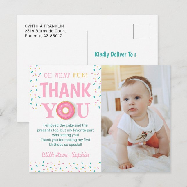 Oh What Fun Doughnut Birthday Party Photo Thank Yo Postcard (Front/Back)