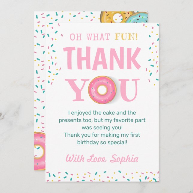 Oh What Fun Doughnut Birthday Party Thank You Card (Front/Back)