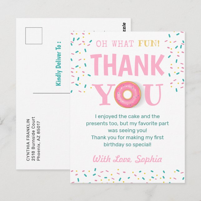 Oh What Fun Doughnut Birthday Party Thank You  Postcard (Front/Back)