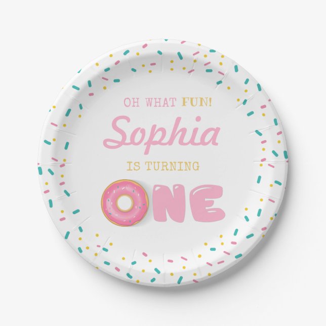 Oh What Fun Doughnuts First Birthday Party Paper Plate (Front)