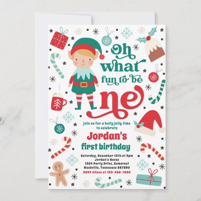 Oh What Fun Elf Christmas 1st Birthday Party Invitation (Front)
