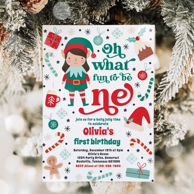 Oh What Fun Elf Christmas 1st Birthday Party Invitation (Creator Uploaded)