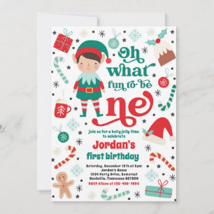 Oh What Fun Elf Christmas 1st Birthday Party Invitation