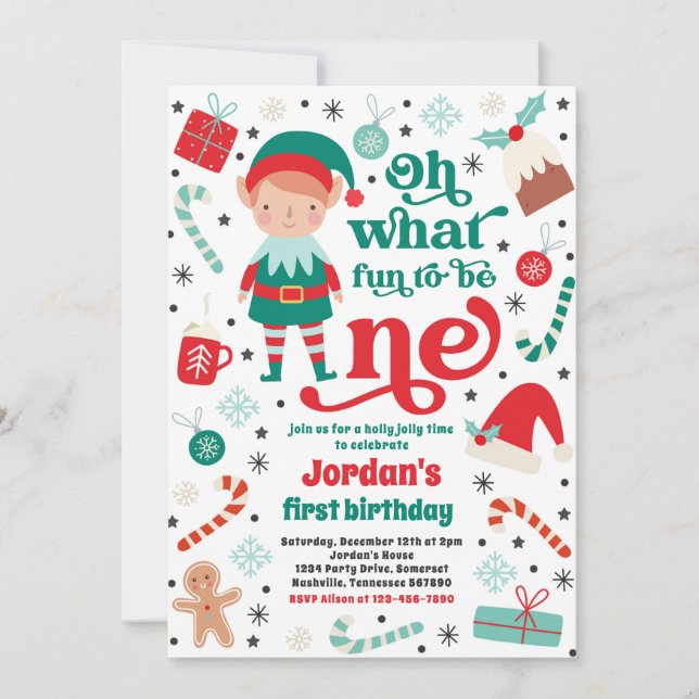 Oh What Fun Elf Christmas 1st Birthday Party Invitation (Front)