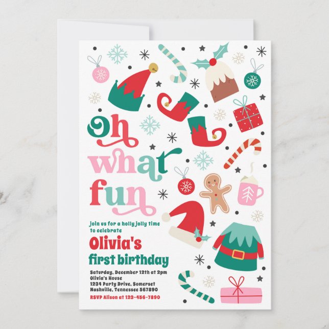 Oh What Fun Elf Christmas Birthday Party Invitation (Front)