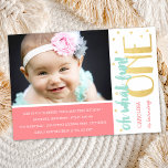 Oh What Fun First Birthday Photo Party Invitation<br><div class="desc">This darling first birthday party invitation features modern typography in mint and gold, which reads "Oh what fun! (Name Here) is turning ONE." Photo in upper left hand corner adds a personalised touch. Party information in white over a coral pink background. Back of the card is white with gold triangle...</div>