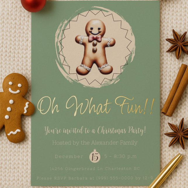 Oh What Fun Gingerbread Man Holiday Party | Green (Green Oh What Fun Gingerbread Man Holiday Party Invitation)