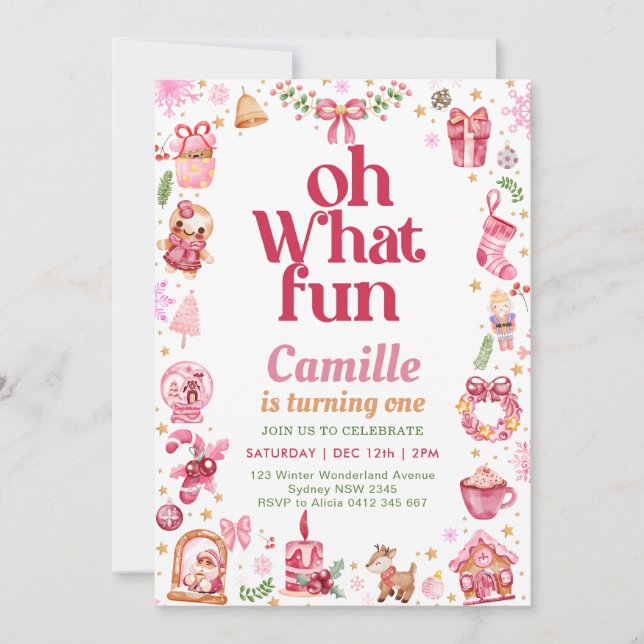 Oh what fun girl christmas birthday invitation (Front)