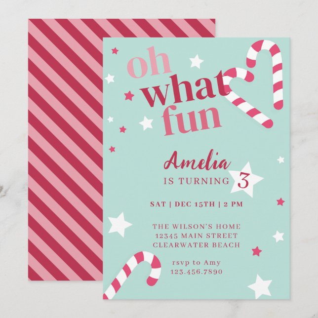 Oh What Fun Girl Holiday Birthday Party Invitation (Front/Back)