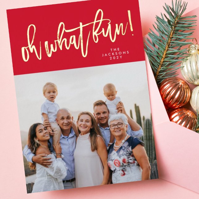 Oh What Fun GOLD Pressed Christmas Red Photo Foil Holiday Card (Creator Uploaded)
