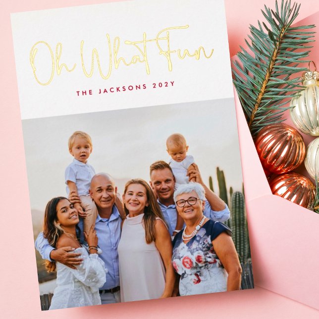 Oh What Fun GOLD Pressed Christmas White Photo Foil Holiday Card (Creator Uploaded)