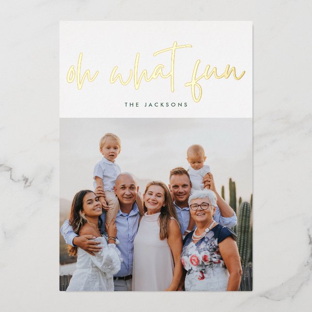 Oh What Fun GOLD Pressed | White | Christmas Photo Foil Holiday Card (Front)