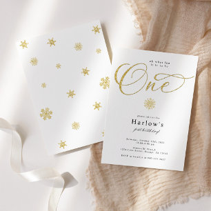 Oh what Fun Gold Snowflake 1st Birthday Invitation