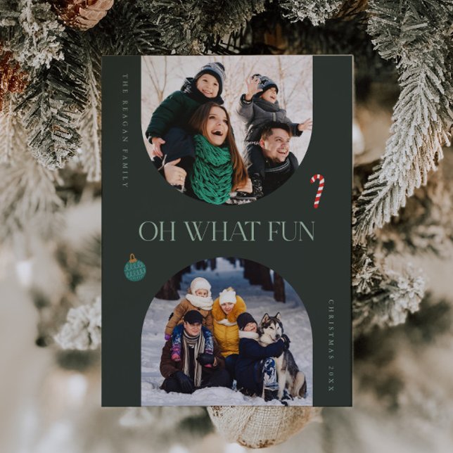 Oh What Fun Green Arch Frame 3 Photo Holiday Card (Creator Uploaded)