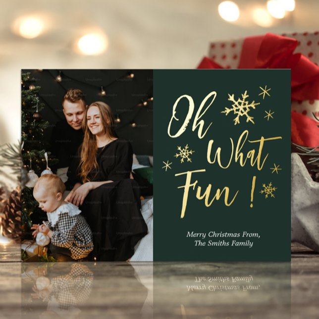 Oh What Fun Green Gold Calligraphy Snowflake Photo Foil Holiday Card (Creator Uploaded)