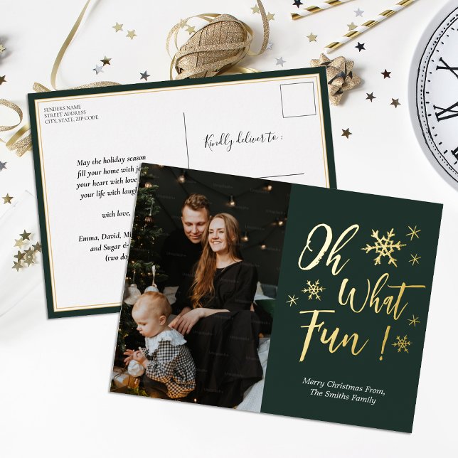 Oh What Fun Green Gold Calligraphy Snowflake Photo Foil Holiday Postcard (Creator Uploaded)