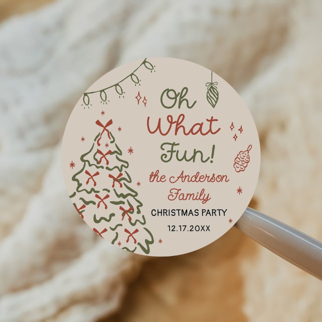 Oh What Fun Hand Drawn Christmas Holiday Party Classic Round Sticker (Creator Uploaded)