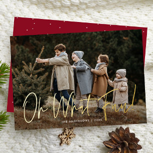 Oh What Fun Handwritten Script Burgundy Photo Foil Holiday Card