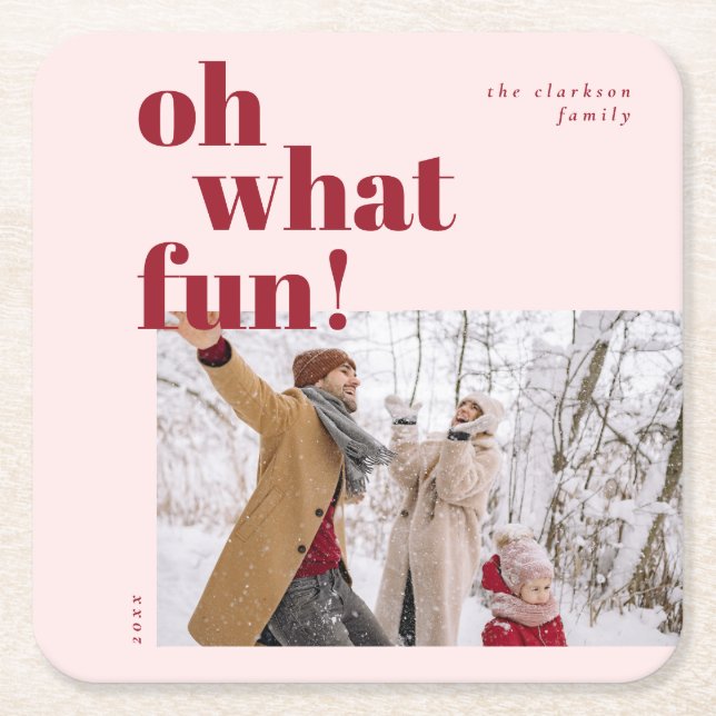 Oh What Fun Happy Holidays Candy Cane Photo Square Paper Coaster (Front)