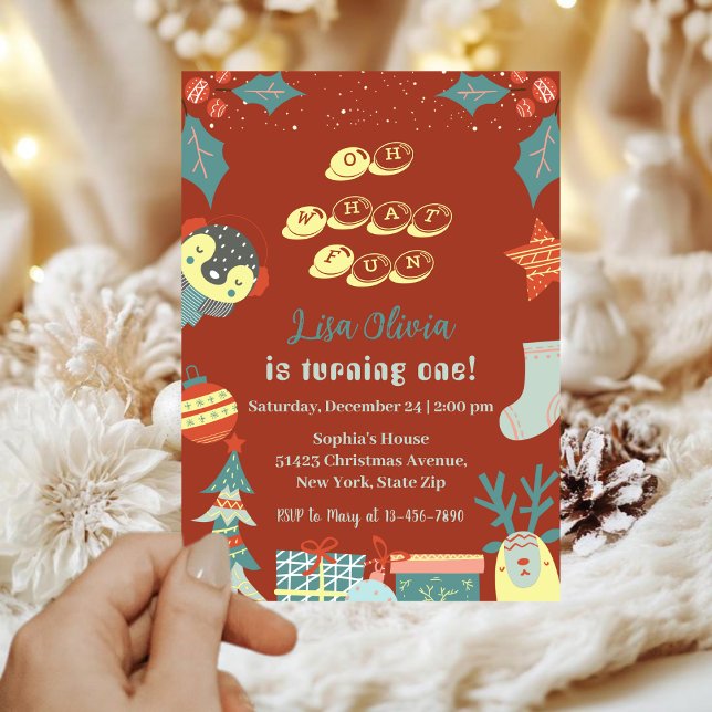Oh What Fun Holiday Christmas 1st Birthday party Invitation (Creator Uploaded)