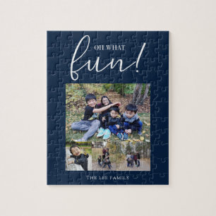 Oh What Fun Holiday Photo Modern Blue Christmas Jigsaw Puzzle