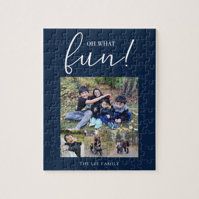 Oh What Fun Holiday Photo Modern Blue Christmas Jigsaw Puzzle (Vertical)