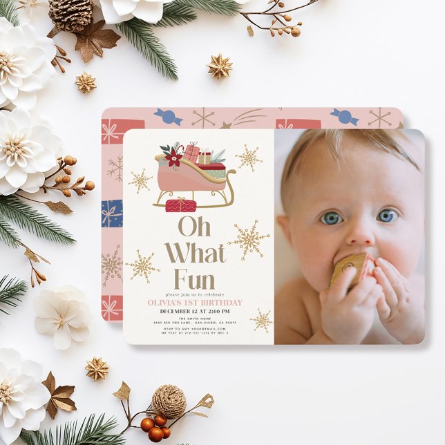 Oh What Fun Holiday Pink Sleigh Photo 1st Birthday Invitation (Creator Uploaded)